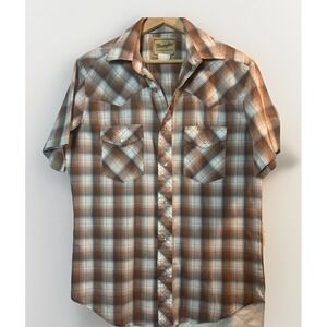 Wrangler Retro Pearl Snap Mens Brown Plaid Short Sleeve Button Western Shirt M